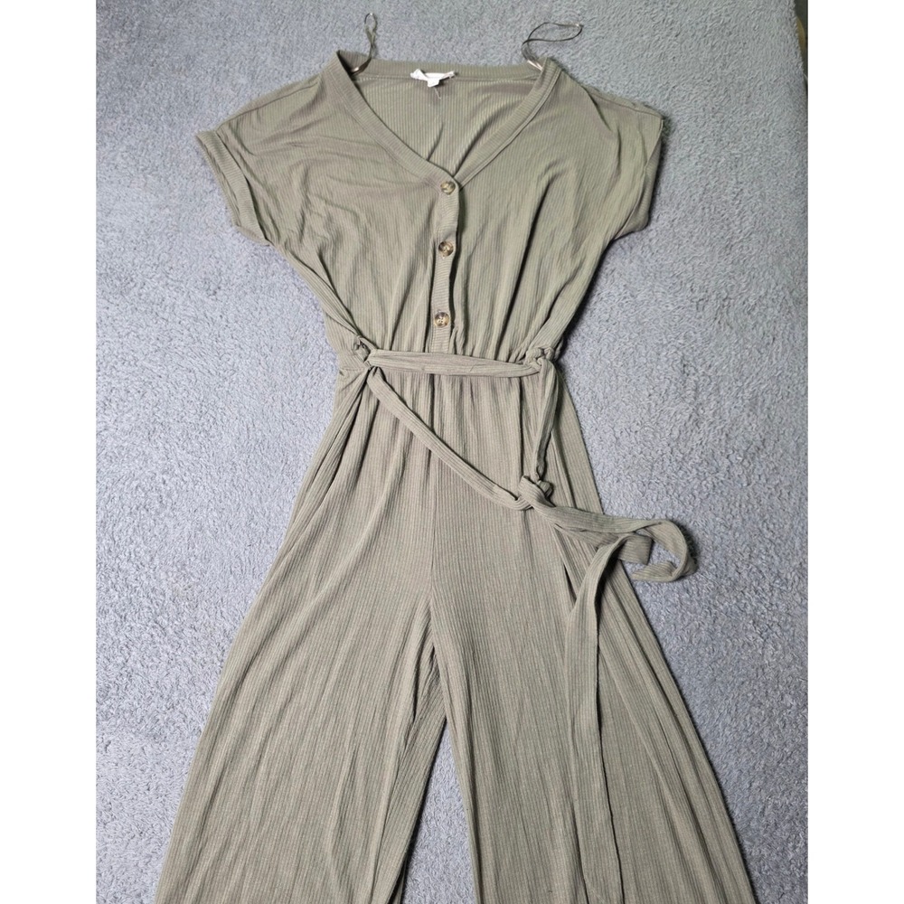 Pink Rose Womens Small Jumpsuit Olive Green Ribbed Wide Leg V-Neck Belted